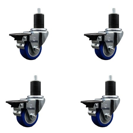 Service Caster 3'' Blue Poly Swivel 1-3/4'' Expanding Stem Caster Set with Brake, 4PK SCC-EX20S314-PPUB-BLUE-PLB-134-4